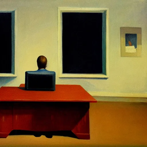 Image similar to painting of a lone man, sitting at his desk in an empty, huge office, in the style of edward hopper