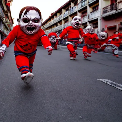 Prompt: the running of the screaming chucky dolls in pamplona spain