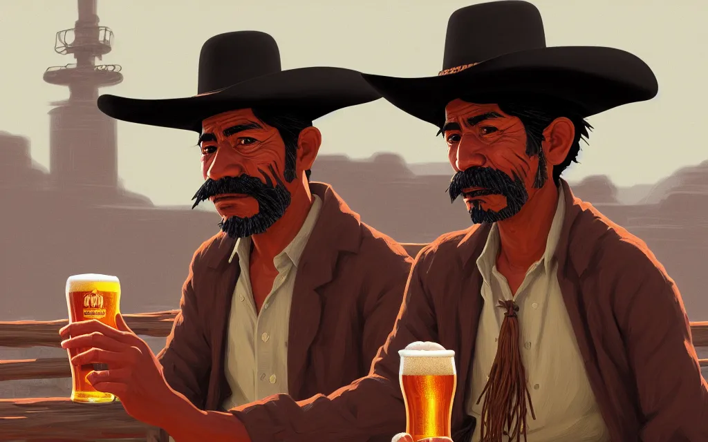 Prompt: photo of juan caloto beer illustration of a mexican man,, with one small, dirt, wild west, with hat, drinking a beer at train station, fantasy, intricate, elegant, highly detailed, digital painting, artstation, concept art by makoto shinkai, ilya kuvshinov, lois van baarle, rossdraws, basquiat,