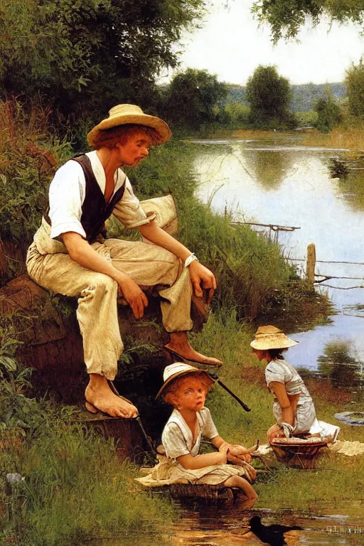 Image similar to huckleberry finn and tom sawyer sit by the river and fish, norman rockwell, victor Nizovtsev, bouguereau