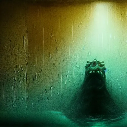 Prompt: trapped in a concrete room with a sea monster about to eat pov underwater, thalassophobia, creeping forward, dark yellowish water showing anger, pale skin, dark foggy water, dark, dramatic,'silent hill ', terrifying, horror, fear, big eyes, alluring, cinematic