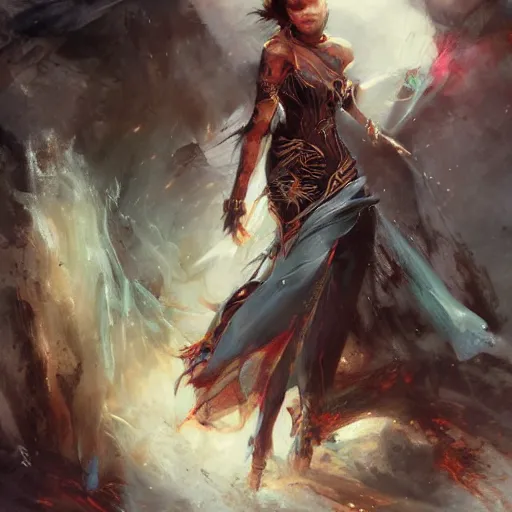 Prompt: enchanting sorcerer painted by Raymond Swanland