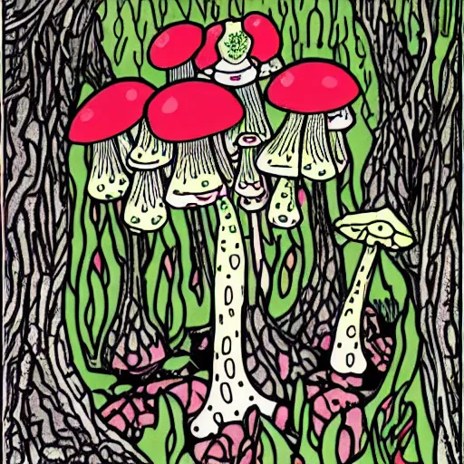 Image similar to an adult coloring page of toadstools in the forest