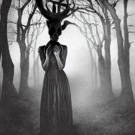 Image similar to spooky 1860 photo of an ancient girl demon devouring the the soul of the human kind on a dark forest