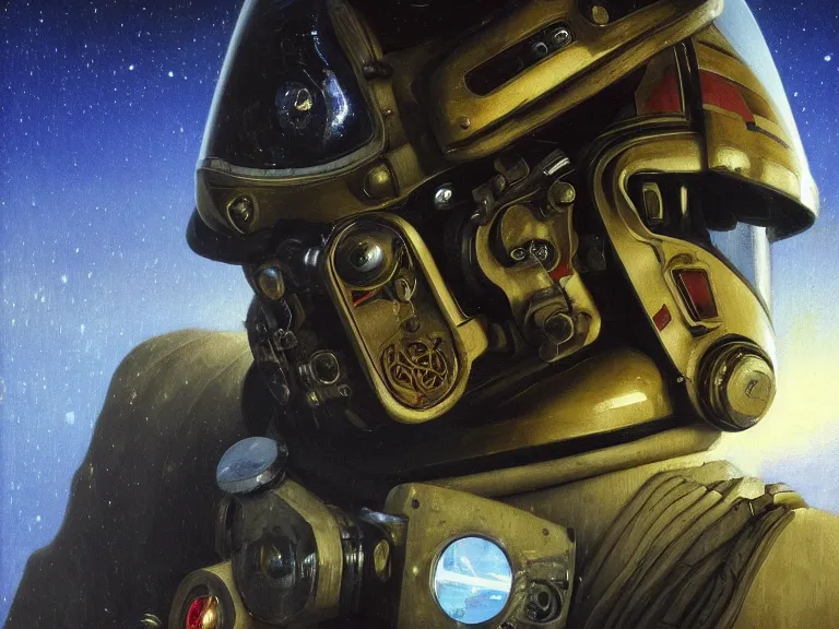 Image similar to a detailed profile oil painting of a lone shock trooper in a spacesuit with reflective helmet, technology flight suit, bounty hunter portrait symmetrical and science fiction theme with lightning, aurora lighting clouds and stars by beksinski carl spitzweg and tuomas korpi. baroque elements, full-length view. baroque element. intricate artwork by caravaggio. Trending on artstation. 8k