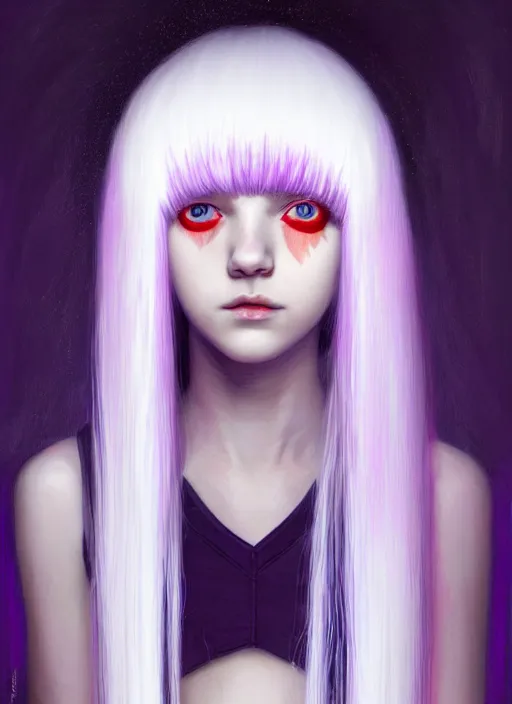 Image similar to hair whitebangs hair, black hair, whitebangs, portrait of teenage girl with white bangs, red irises, purple clothes, white bangs, bangs are different color from hair, intricate, elegant, glowing lights, highly detailed, digital painting, artstation, concept art, smooth, sharp focus, illustration, art by wlop, mars ravelo and greg rutkowski