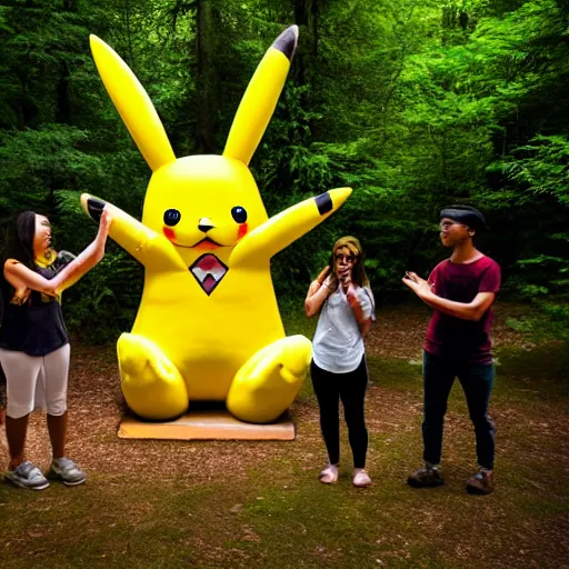 Image similar to photograph of a group of people worshipping a giant pikachu in a forest