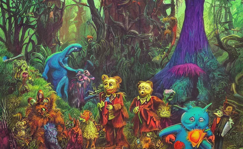 Image similar to a scene of colorful cartoon monsters in the clearing of a dark fantasy forest surrounded by darkness. hyperrealist illustration. muted colors. 1 9 7 0's pulp science fiction and fantasy cartoon for alice in wonderland and wizard of oz. highly detailed and richly colored painting by don ivan punchatz