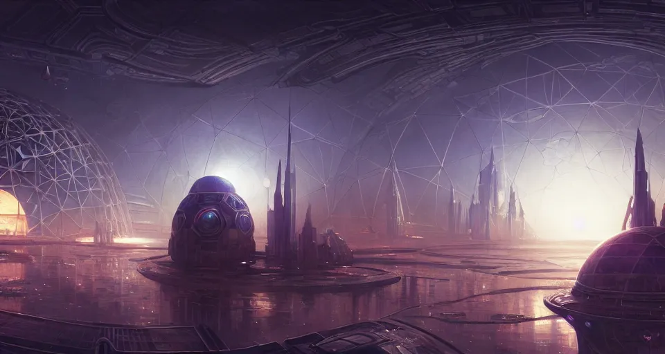 Image similar to cinematic shot, futuristic city on the moon inside a giant geodesic dome, utopian, night, stars, digital painting, artstation, concept art, smooth, sharp focus, illustration, intricate, elegant, highly detailed, in the style of greg rutkowski and alphonse mucha and artemisia, 8 k, highly detailed, jurgens, rutkowski