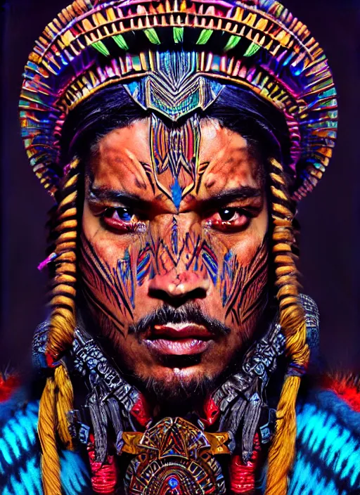 Image similar to portrait of laz alonso, hyper detailed ultra sharp aztec shaman warrior. trending on artstation, warpaint aesthetic, bloodwave, colorful, psychedelic, ornate, intricate, digital painting, concept art, smooth, sharp focus, illustration, art by artgerm and greg rutkowski and h. r. giger, 8 k