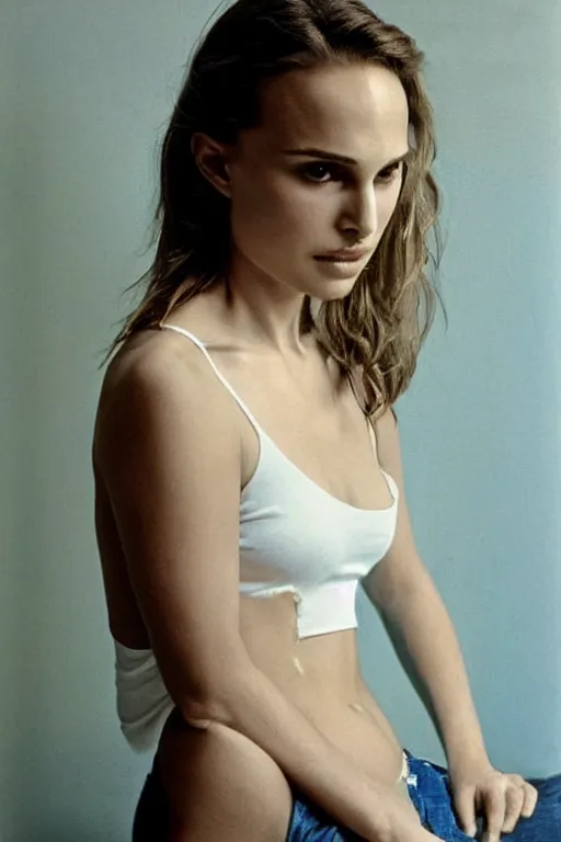 Image similar to 23 year old natalie portman, loose messy hair , thoughtful eyes, wearing a thin white skimpy cotton camisole, pale skin, poised beautiful body, symmetrical face, zen aesthetic, interior design, amber and blue color scheme, sophisticated, pensive, contemplation, meditation, aloof, ethereal, realistic painting