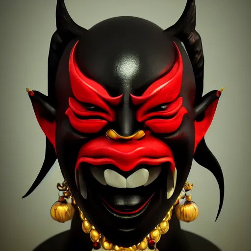 Image similar to a black hannya (般若) mask, kintsugi, dramatic angle, ornate, details, smooth, sharp focus, illustration, realistic, cinematic, artstation, award winning, rgb , unreal engine, octane render, cinematic light, macro, depth of field, blur, red light, 8K,