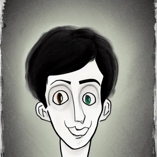 Prompt: young man portrait, black hair, skinny, sleep deprived, corpse bride art style