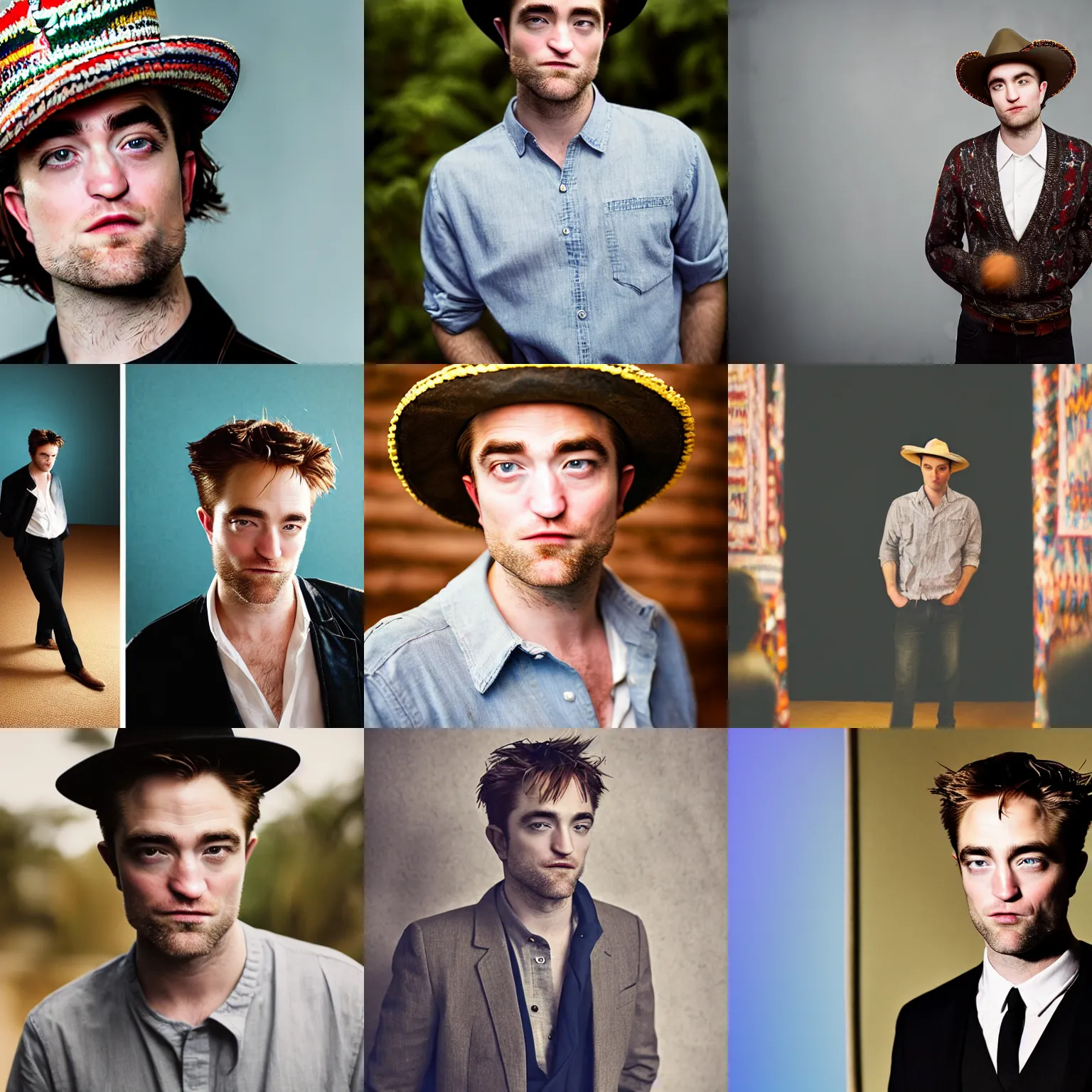 Prompt: award winning studio photography of robert pattinson wearing a tiny sombrero, bokeh