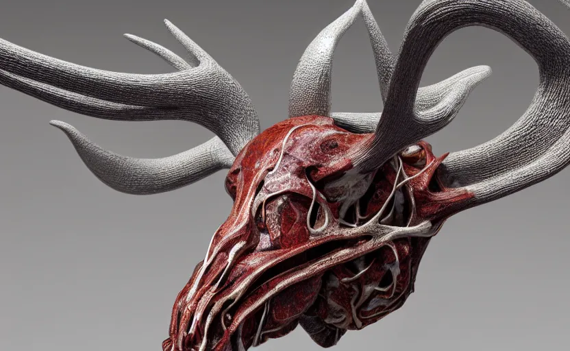 Image similar to stylized shiny polished silver statue full body extra limbs bizarre cosmic horror quadruped animal moose deer skull four legs made of marble of slug creature tendrils, perfect symmetrical body, perfect symmetrical face, hyper realistic, hyper detailed, by johannen voss, by michelangelo, octane render, blender, 8 k, displayed in pure white studio room medical render red veins