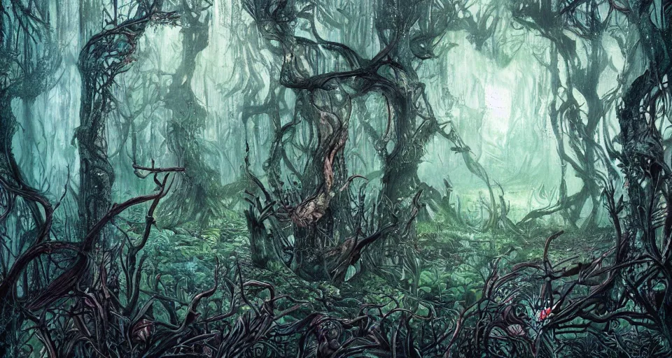 Image similar to A dense and dark enchanted forest with a swamp, by Android jones,