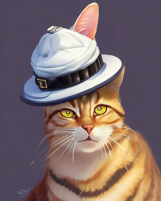 Image similar to a tabby cat wearing a police hat. By Makoto Shinkai, Stanley Artgerm Lau, WLOP, Rossdraws, James Jean, Andrei Riabovitchev, Marc Simonetti, krenz cushart, Sakimichan, trending on ArtStation, digital art.