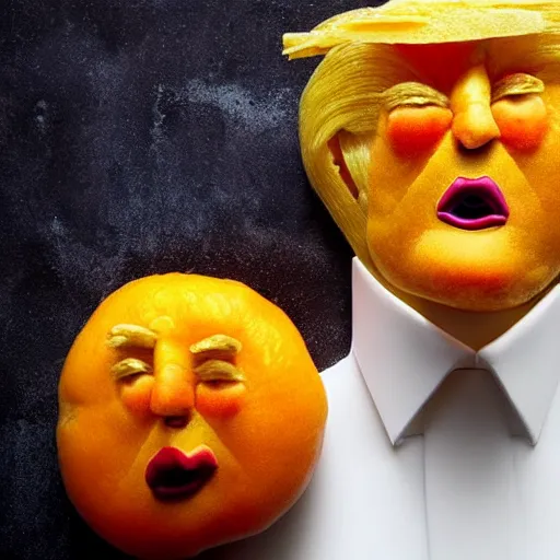 Prompt: edible donald trump made of oranges for hair, butter and breadsticks for the face, blueberries for the suit, from the beautiful'food art collection ', dslr