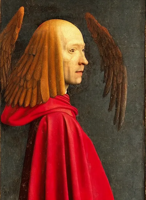 Image similar to profile of a fallen angel dressed in red with wings by Jan van Eyck, Hieronymus Bosch, Johannes Vermeer 4k post-processing, highly detailed medieval painting