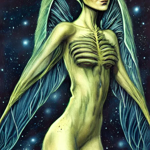 Prompt: detailed illustration of attractive humanoid alien species with beautiful human female face, female human torso, dark fae, black feathers instead of hair, feathers growing out of skin, wings growing out of arms, transformation, floating in zero gravity on starship, brian froud, tim burton, guillermo del toro, science fiction
