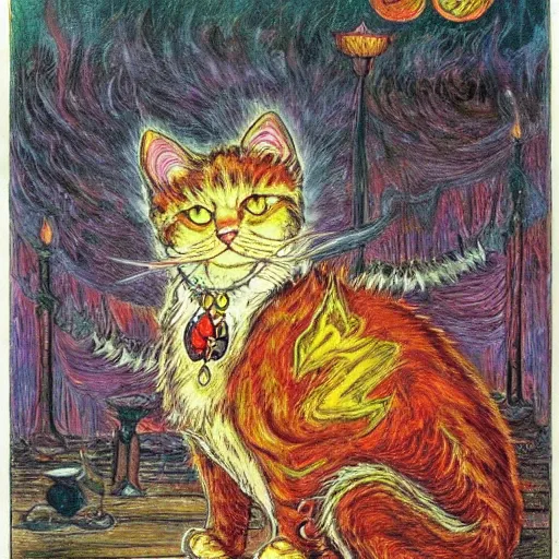 Prompt: a fire mage cat, louis wain, fantasy art