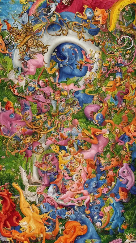 Image similar to an incredibly detailed masterpiece collaborative painting by bosch and lisa frank, ornate, detailed, high resolution, wow!, intricate