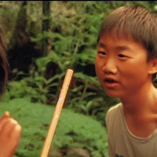 Image similar to miyagi from karate kid teaching daniel how to catch a frog with chopstick, cinematic, photo, still frame