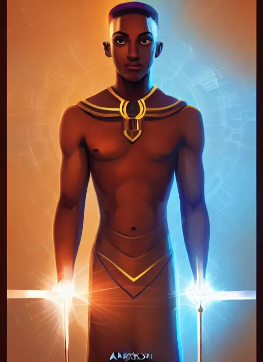 Image similar to symmetry!! brown skin man egyptian prince holding scepter of power, solid cube of light, hard edges, product render retro - futuristic poster scifi, lasers coming from eyes, brown skin man egyptian prince, intricate, elegant, highly detailed, digital painting, artstation, concept art, smooth, sharp focus, illustration, dreamlike, art by artgerm