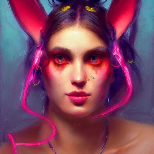 Image similar to painted close - up portrait of a neon sensual bunny girl. oil painting, wearing neon attire, fantasy art by greg rutkowski and john singer sargent and gaston bussiere, demon noble character design