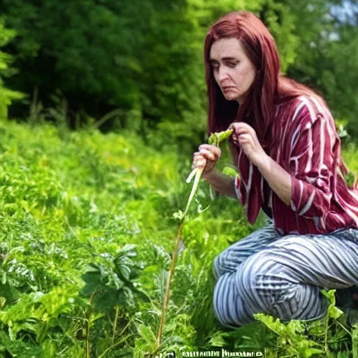 Image similar to a pixar character, a beautiful and mad canadian woman, on her knees, pulling weeds out frantically, some grey hair, stripey pants,