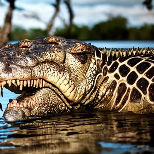 Image similar to man's face with clocks covering his eyes, looking at the camera walking near lake with crocodiles, high detail, soft lighting, intricate, 8 k