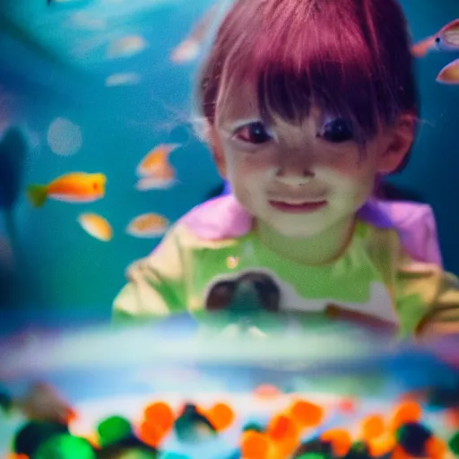 Image similar to closeup portrait of beautiful kid looking through a aquarium fish ball in a tent, mandarin fish, at night with neon lights, excitement, surprise, happiness, professional photoshoot, kodak portra, photographed in film, soft and detailed, realistic, bokeh