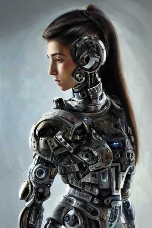 Image similar to a photorealistically painted portrait of an attractive young girl, partially clothed in cybernetic body armor, with an abstractly painted background, flawless olive skin, fair complexion, long dark hair, beautiful bone structure, perfectly symmetric facial features, perfect photorealistic eyes, natural physique, intricate, elegant, digital painting, concept art, finely detailed, beautifully illustrated, sharp focus, minimal artifacts, volumetric lighting, from Metal Gear, by Ruan Jia and Mandy Jurgens and Artgerm and William-Adolphe Bouguerea, in the style of Greg Rutkowski, trending on Artstation, award winning art