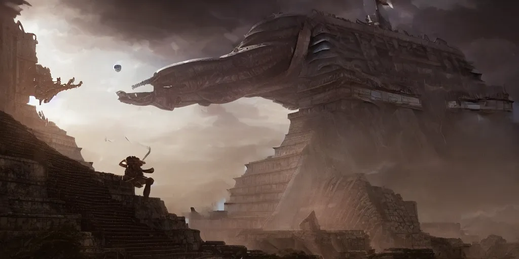 Image similar to A Mayan warrior watching ominous alien spacecraft flying above the Mayan temple. Intense dramatic epic sci-fi cinematic concept artwork in the style of Jacek Pilarski and Greg rutkowski and Sylvain Lorgeou. Trending on artstation