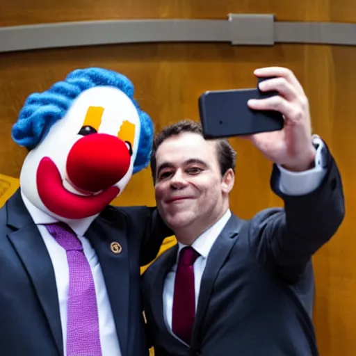 Image similar to president with clown head taking a selfie in a podium next to first minister