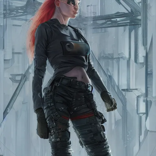 Image similar to sophie turner, streetwear techwear cyberpunk style outfit, parial mask, detailed portrait, intricate complexity, by greg rutkowski, cushart krentz, artgerm, ross tran, conrad roset, takato yomamoto, ilya kuvshinov. 4 k, beautiful, cinematic dramatic atmosphere, portrait lighting