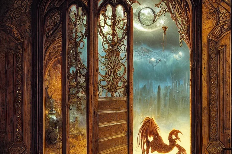 Image similar to large rustic intricately decorated wooden double door, metal handles, a view to a fantasy world, strong eerie back light, mist, fantasy art by james c christensen, norisyoshi ohrai, john hove