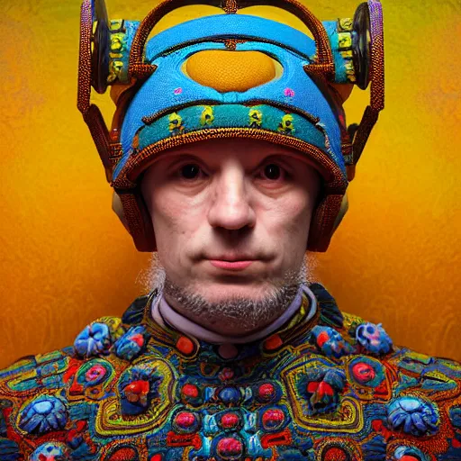 Image similar to Colour mandelbulb 3d fractal style full body portrait Photography of Highly detailed Man wearing detailed Ukrainian folk costume designed by Taras Shevchenko with 1000 years perfect face wearing highly detailed retrofuturistic VR headset designed by Josan Gonzalez. Many details In style of Josan Gonzalez and Mike Winkelmann and andgreg rutkowski and alphonse muchaand and Caspar David Friedrich and Stephen Hickman and James Gurney and Hiromasa Ogura. Rendered in Blender and Octane Render volumetric natural light