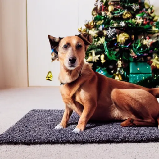 Prompt: a dog on a carpet sitting in a room at christmas time