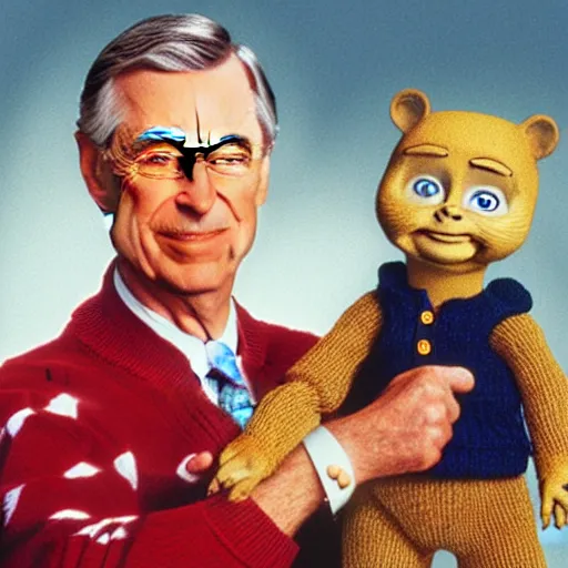 Prompt: photorealistic Mr. Rogers holding Chucky