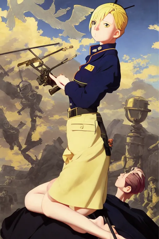 Prompt: baroque oil painting of propaganda poster anime key visual full body portrait of anime maid nazi military ss uniform, blond hair, blue eyes, brutalist, dark fantasy, rule of thirds golden ratio, fake detail, trending pixiv fanbox, acrylic palette knife, style of makoto shinkai genshin impact studio ghibli jamie wyeth greg rutkowski chiho aoshima