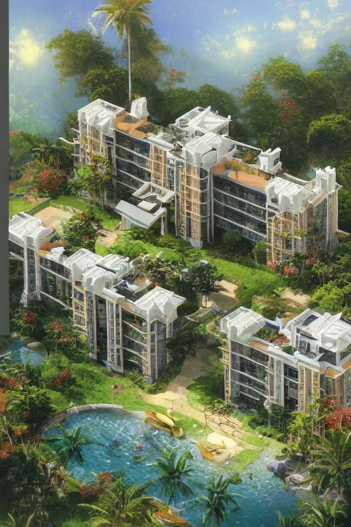 Prompt: isometric exterior of a sri lankan luxury condominium with minimalist furniture and lush house plants by craig mullins, thomas kinkade and frank lloyd wright