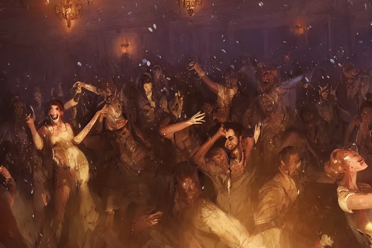 Prompt: Well-groomed zombies dancing in a banquet hall on the dance floor, feeling good as loud music plays, trending on artstation, 4k, 8k, illustrated by Greg Rutkowski and Gaston Bussiere, artstation digital, artstation serene