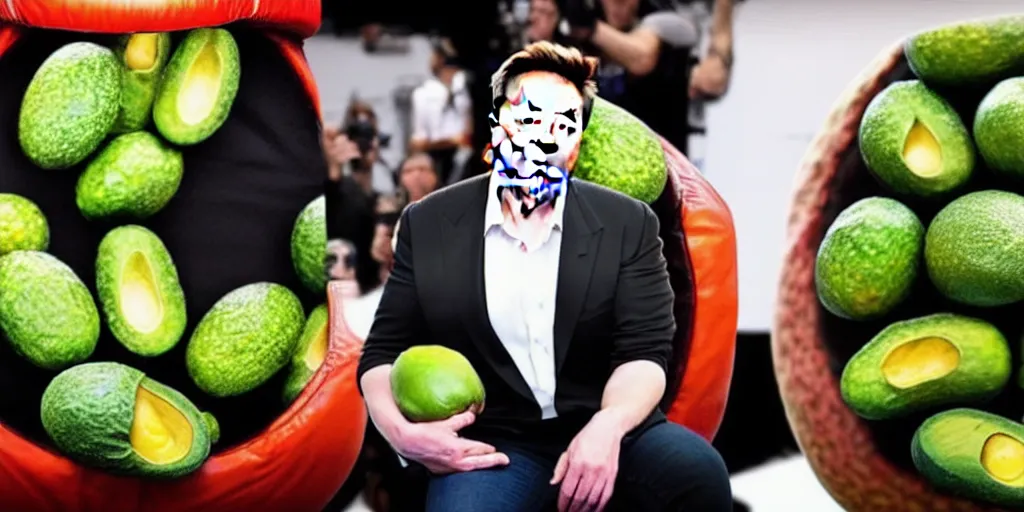 Image similar to elon musk inside of a giant avacado, realistic, cinematic photogtaphy, fruit celebrity, avacado dream, elon musk dresms of sitting inside of avacados, avacado chairs, avacado halloween costumes, in a boxing ring, photography, cinematic lighting, dramatic feeling