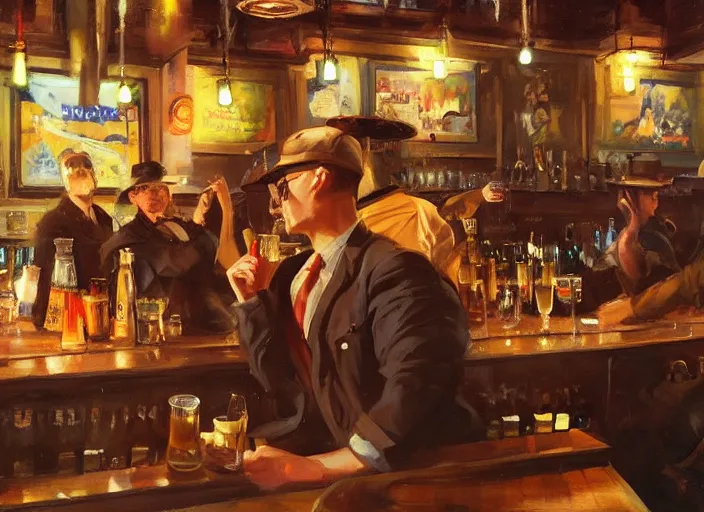 Image similar to greg manchess painting of a delicious mug of beer in a dieselpunk bar, medium shot, organic painting, matte painting, bold shapes, hard edges, street art, trending on artstation, by huang guangjian and gil elvgren and sachin teng