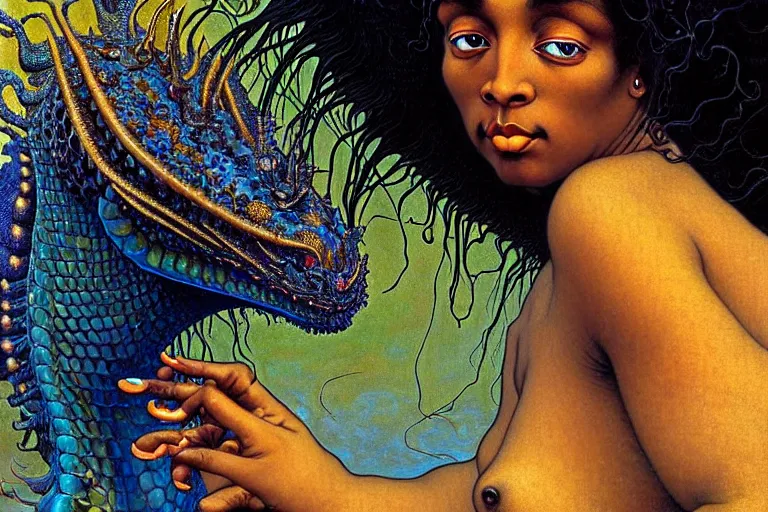 Image similar to realistic extremely detailed closeup portrait painting of a beautiful black woman, mutant dragon and a single old house on background by Jean Delville, Amano, Yves Tanguy, Ilya Repin, Alphonse Mucha, Ernst Haeckel, Edward Robert Hughes, Roger Dean, heavy metal 1981, rich moody colours