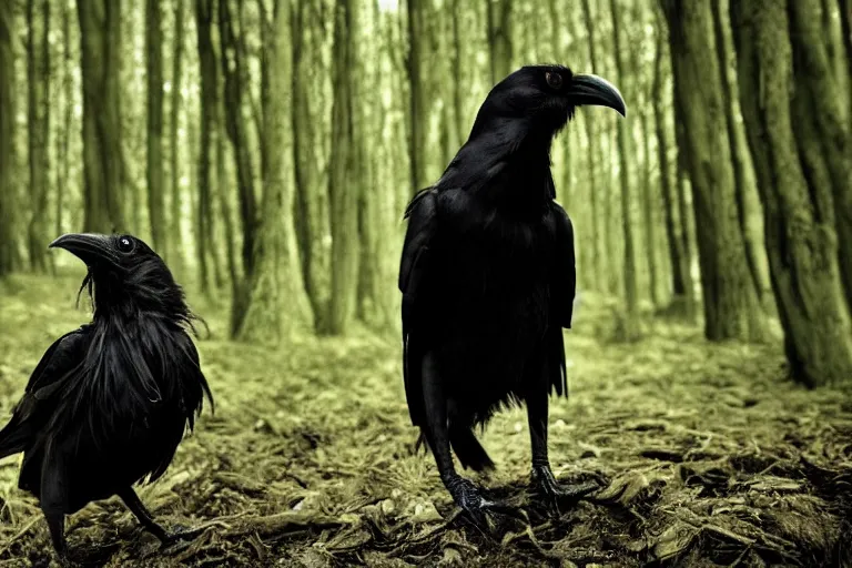 Prompt: werecreature consisting of a crow and a human, photograph captured in a dark forest