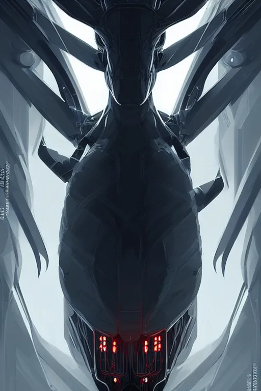 Prompt: professional concept art symmetrical portrait of a predatory robotic species in a dark room by artgerm and greg rutkowski. an intricate, elegant, highly detailed digital painting, concept art, smooth, sharp focus, illustration, in the style of cam sykes.