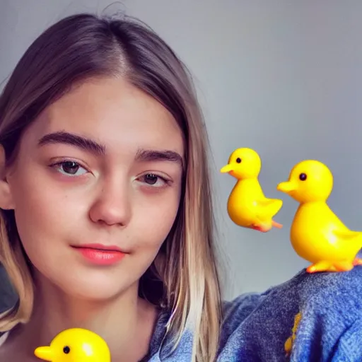 Prompt: a cute girl model, close up image, staring directly into camera, surrounded by yellow rubber ducks, photorealistic, hyper - detailed, studio lighting, shot on iphone 1 3 pro,