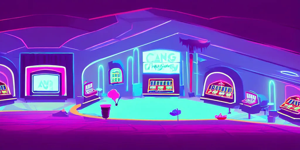 Image similar to minimalistic angle curved perspective digital art of sss chubby cotton candy indoor casino with a stage by anton fadeev from nightmare before christmas